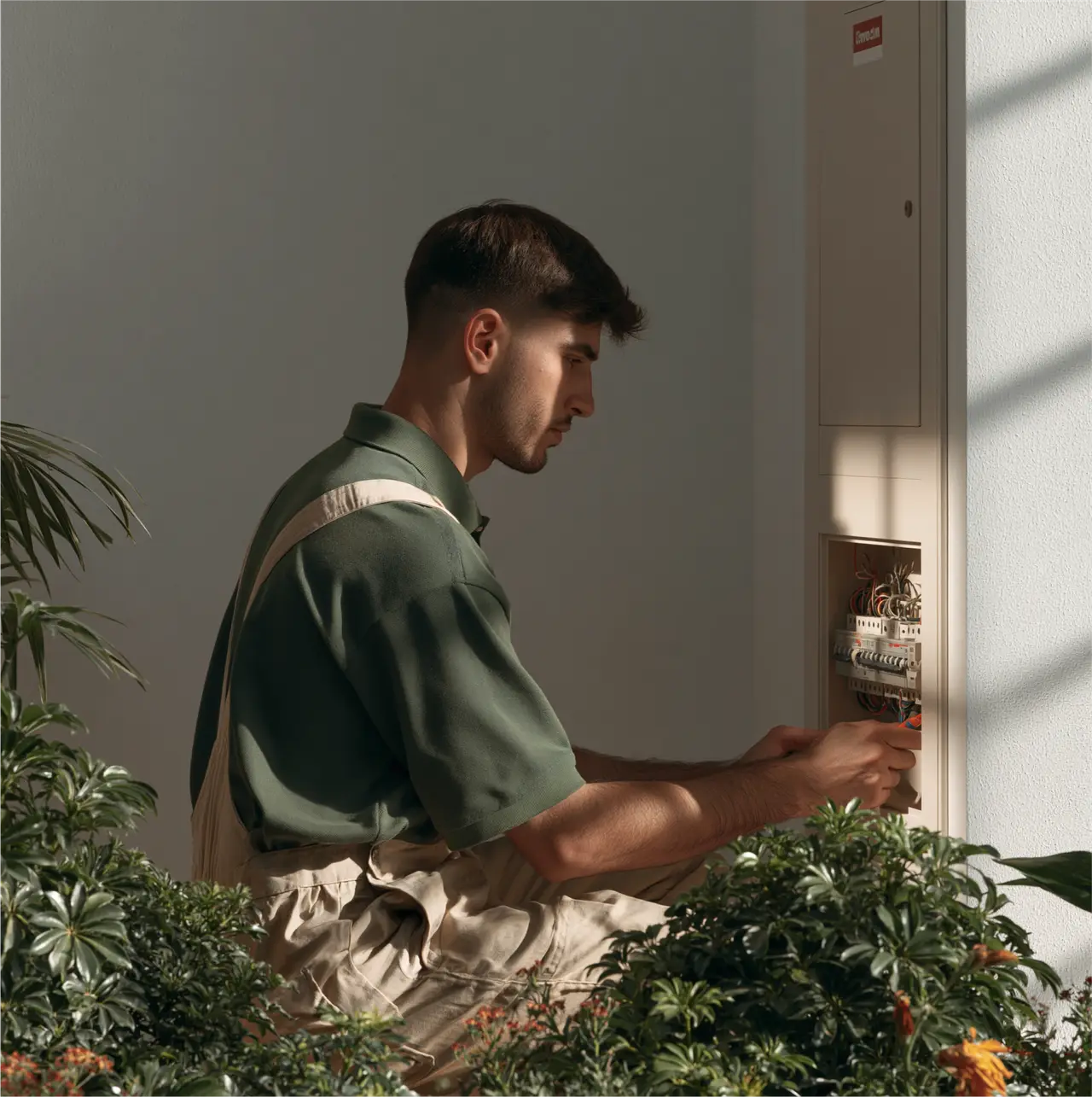 Électricien Frères Volt intervenant sur un tableau électrique
